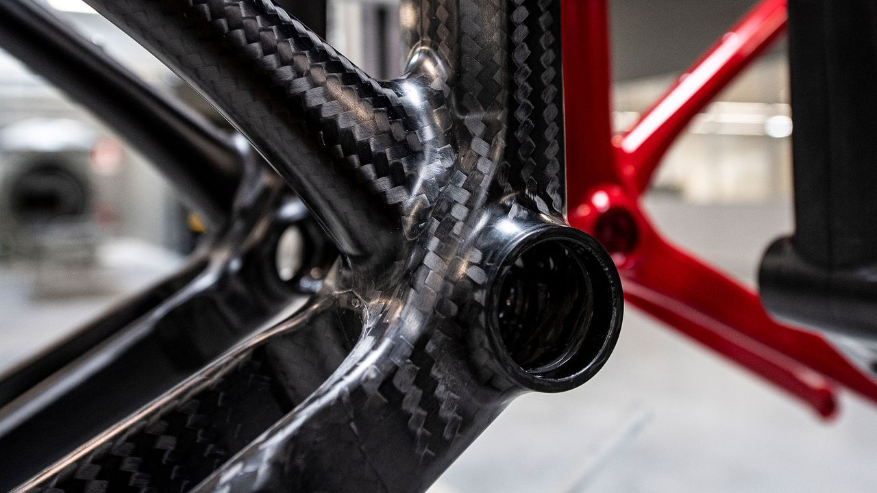 Up close carbon fiber bike frame.